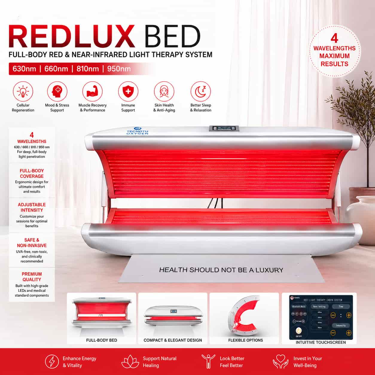 Tecnotu RedLux Full Body Red Light Therapy Bed 28512 LED PBM Device.